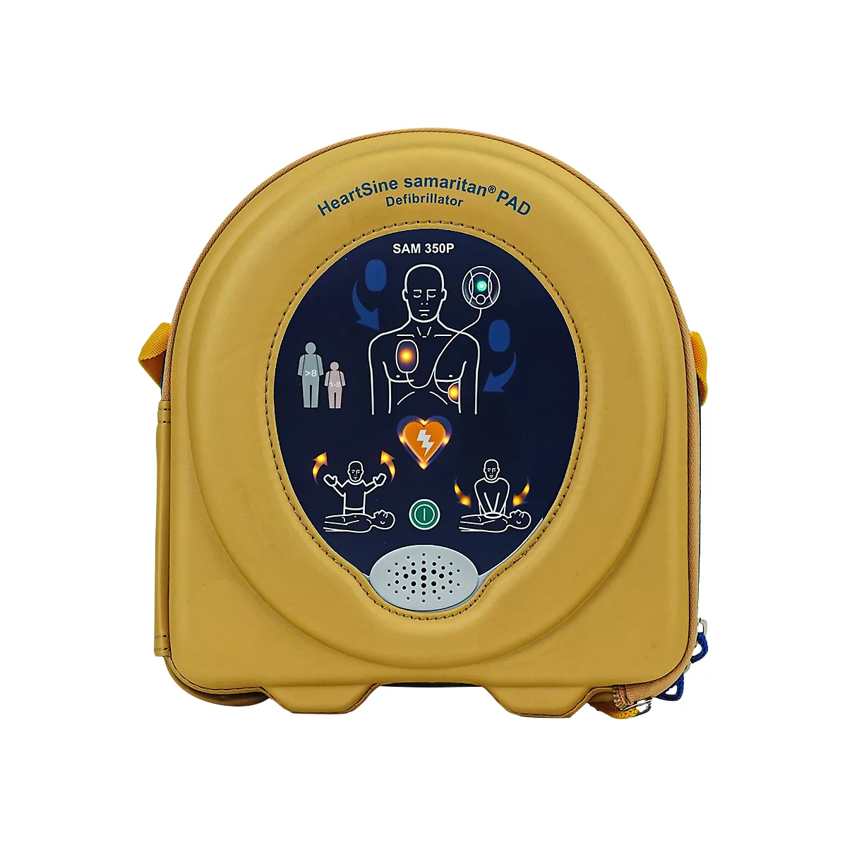 Défibrillateur HeartSine SAM350P, DAE, pour l'intérieur, avec délivrance manuelle du choc, avec alarme, 4 ans d'assurance complémentaire tous risques, dans un coffret mural en verre acrylique
