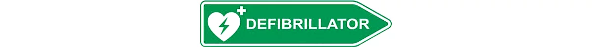 Defibrillator-AED-Standort-Strassenschild, Pfeilform, rechtsweisend, nachtleuchtend, wetterfest, Dibond-Druck, L 600 x H 150 mm, grün-weiss