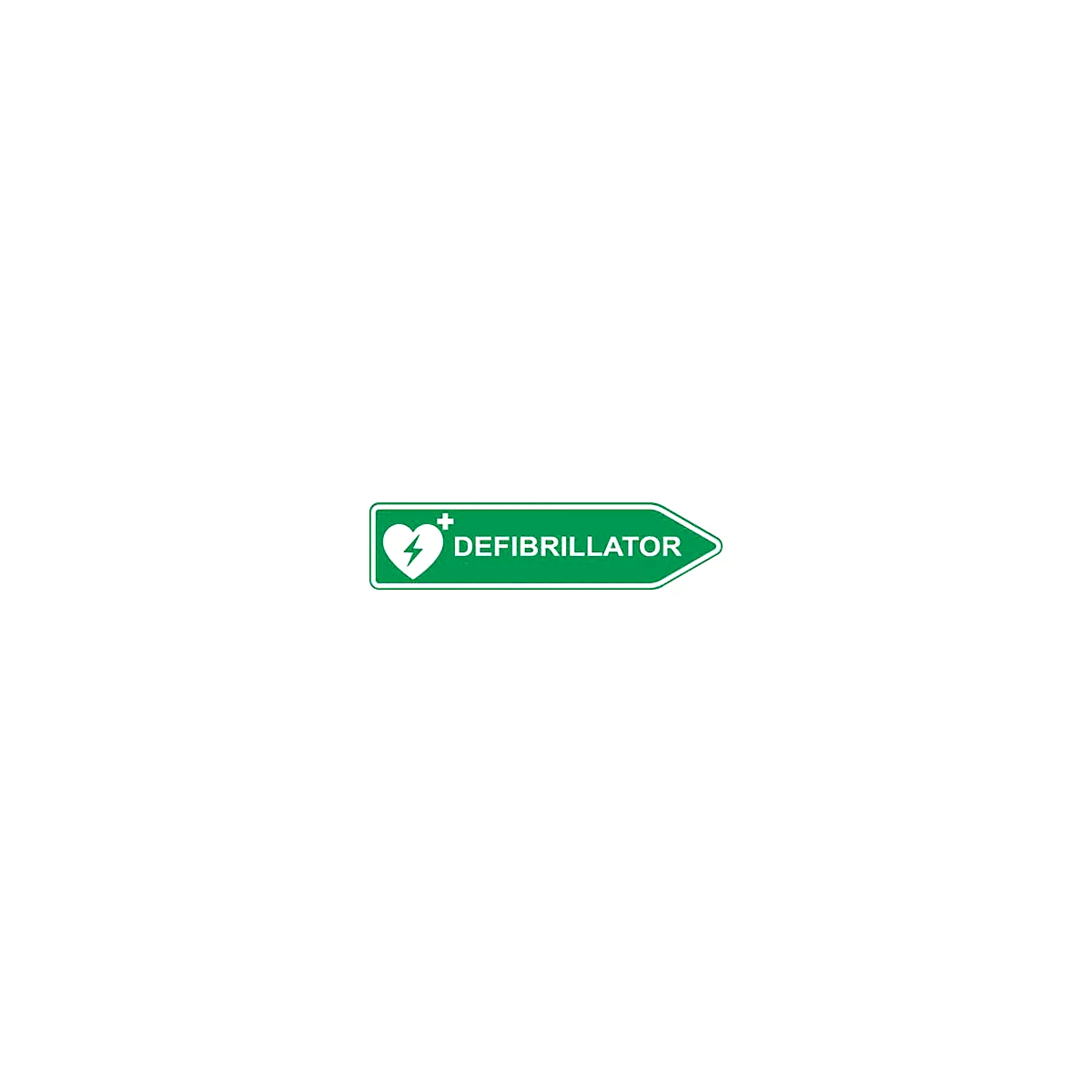 Defibrillator-AED-Standort-Straßenschild, Pfeilform, rechtsweisend, nachtleuchtend, wetterfest, Dibond-Druck, L 600 x H 150 mm, grün-weiß