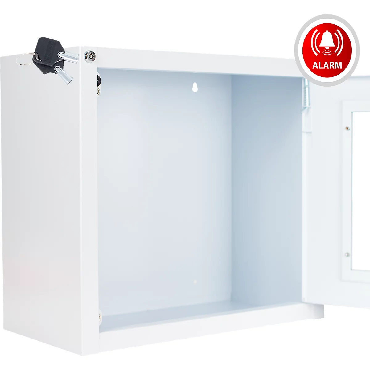 Defibrillator &amp; AED wandbox Medx5, voor binnengebruik, universeel voor alle merken defibrillatoren, draaisluiting, akoestisch alarm, met locatiesticker, metaal, wit