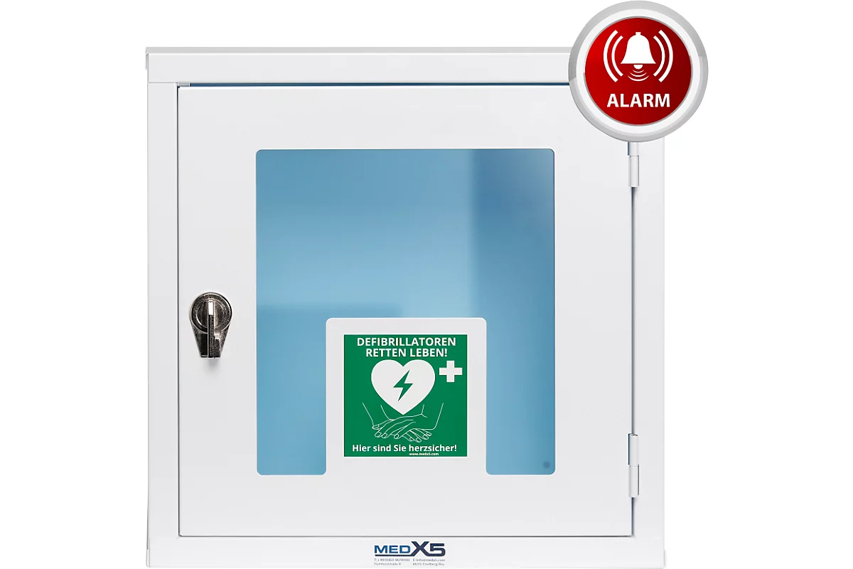 Defibrillator-& AED Wandkasten Medx5, für den Innenbereich, universell für alle Marken-Defibrillatoren, Drehverschluss, akustischer Alarm, mit Standortaufkleber, Metall, weiß