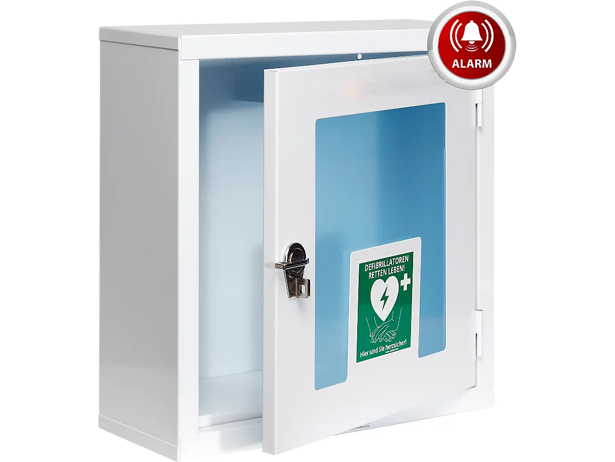 Defibrillator-& AED Wandkasten Medx5, für den Innenbereich, universell für alle Marken-Defibrillatoren, Drehverschluss, akustischer Alarm, mit Standortaufkleber, Metall, weiß