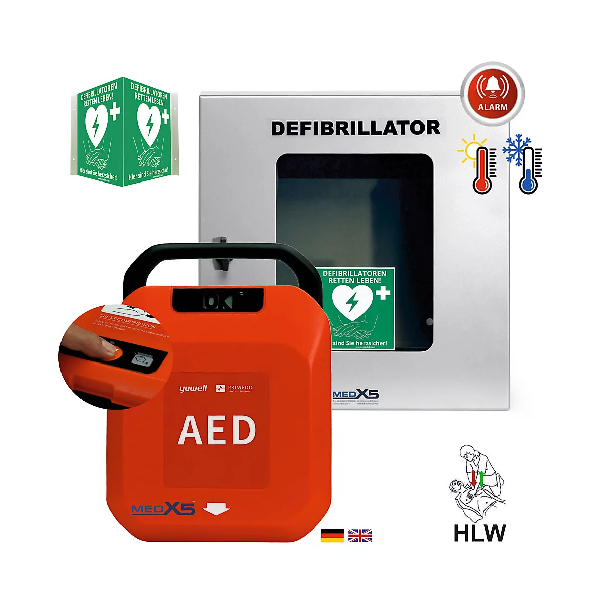 Roter AED-Defibrillator mit Gehäuse, Hinweis auf HLW, Temperaturanzeige, Alarm und mehrsprachigen Texten.