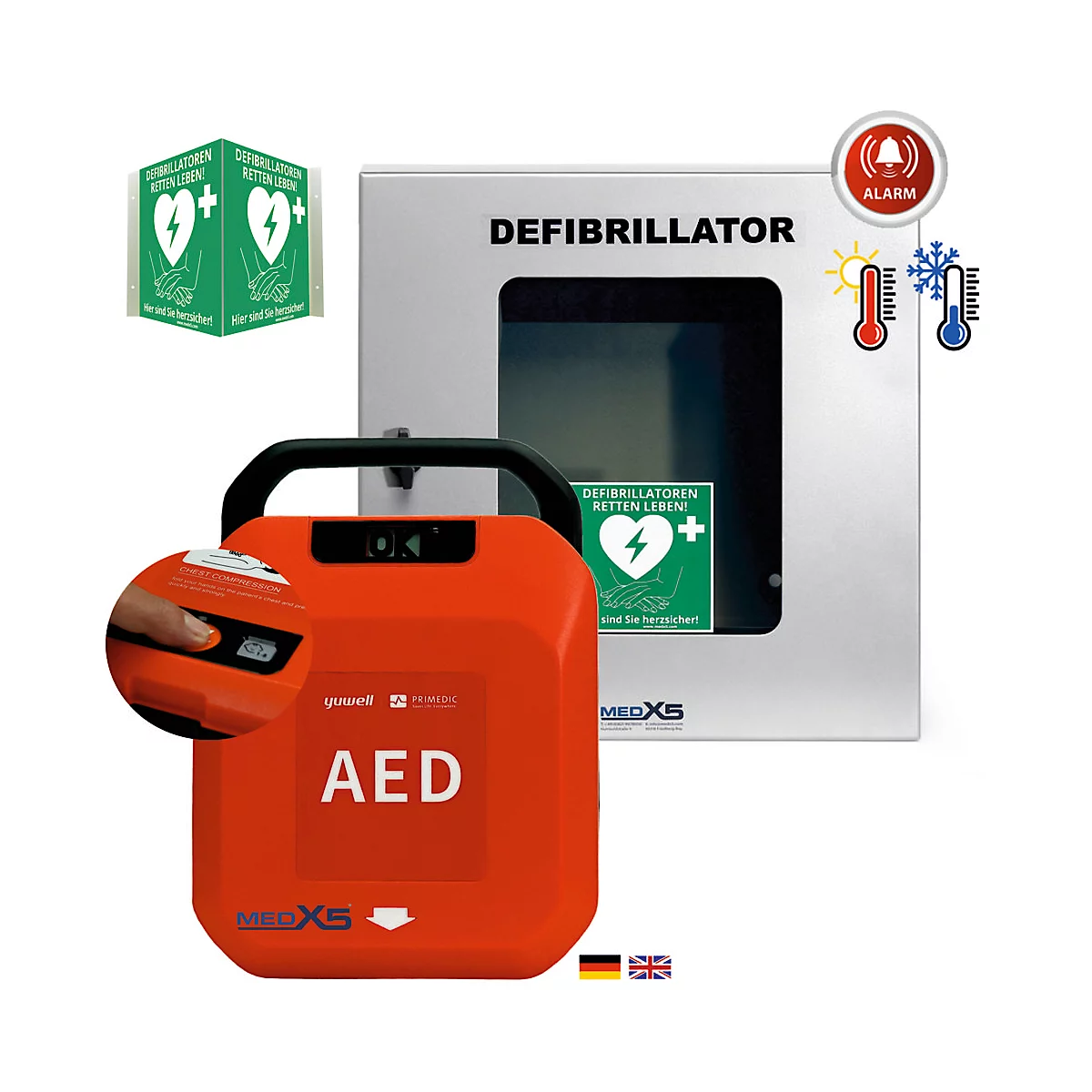 Roter AED-Defibrillator mit Gehäuse, Piktogramme und Hinweis. Das Gerät ist mit einem Gehäuse und einem Warnhinweis versehen.