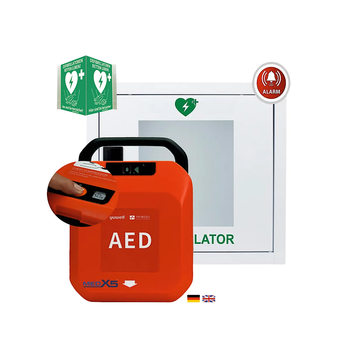 Roter AED-Defibrillator mit Griff, daneben ein Schild mit Herzsymbol und Alarm-Icon.