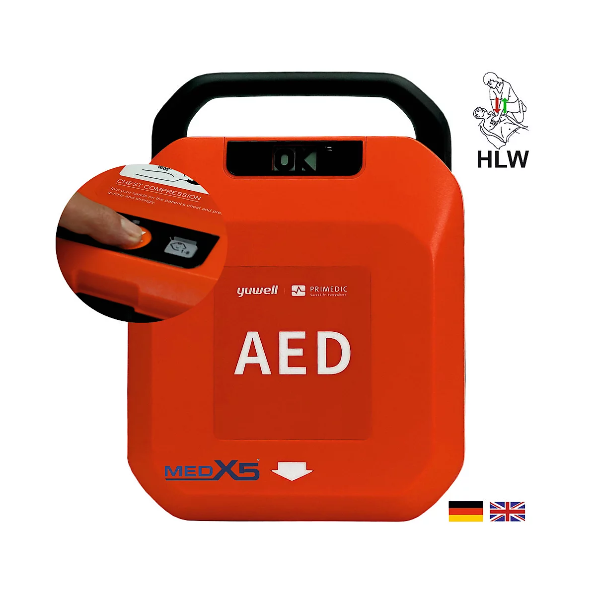 Roter AED mit Griff, Detailansicht mit Finger auf roter Taste. Neben der Bezeichnung AED und Logo der Firma.