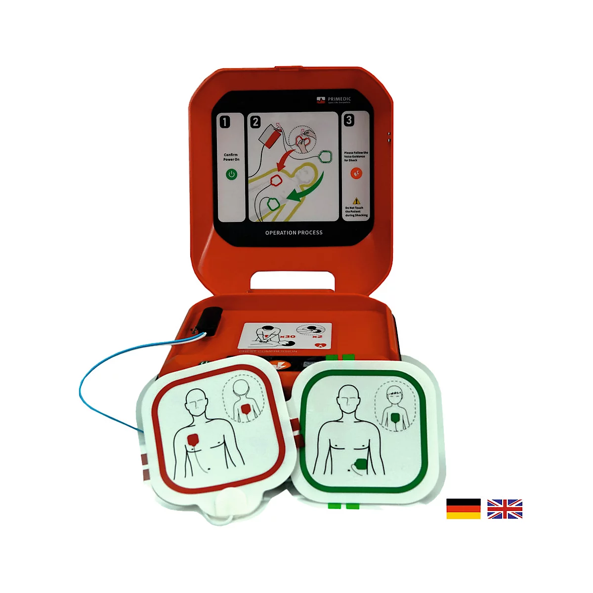 Roter Defibrillator geöffnet mit Elektroden, Anleitung und Flaggen.