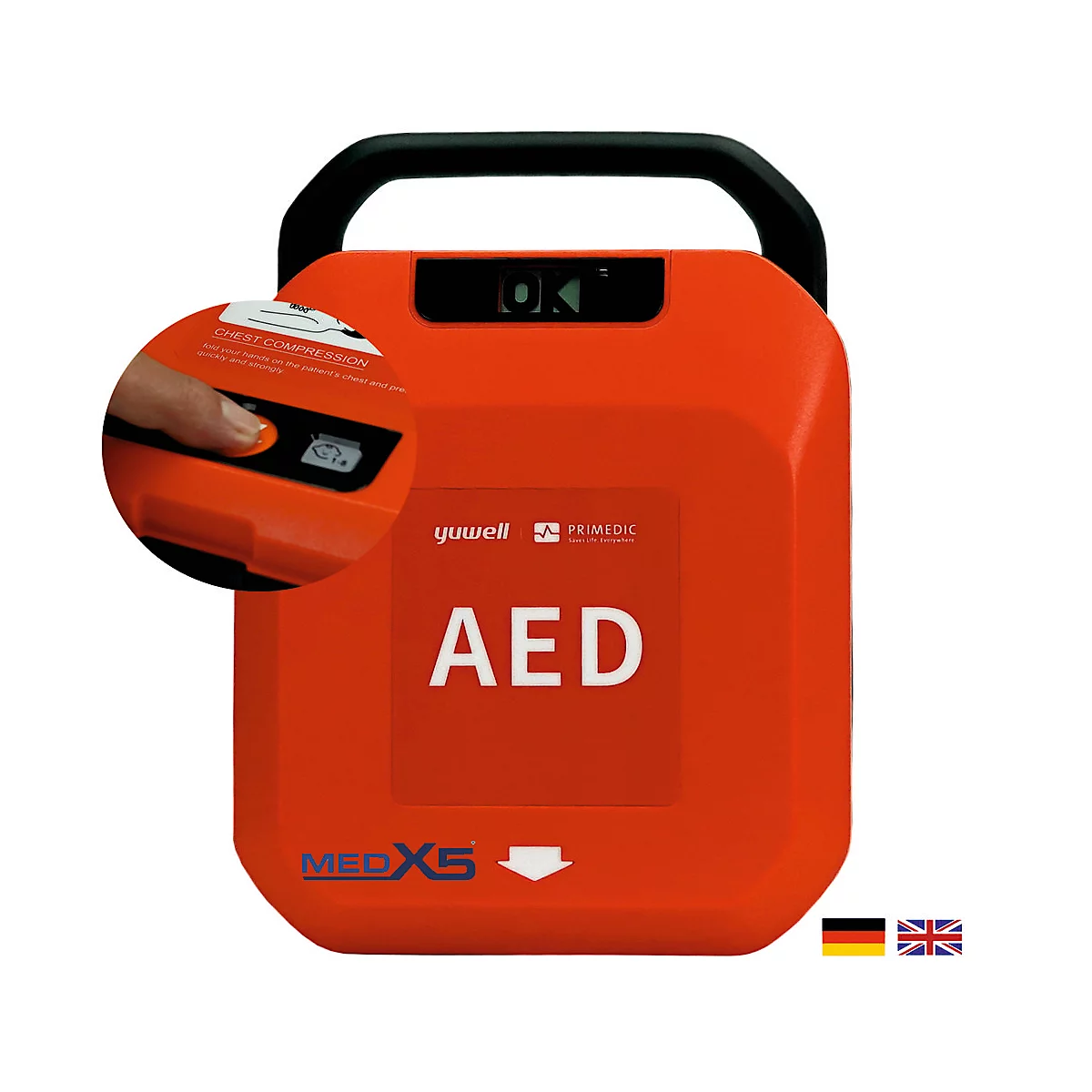 Roter AED-Defibrillator mit Griff, Beschriftung "AED" und einem Detailbild eines Knopfdrucks.