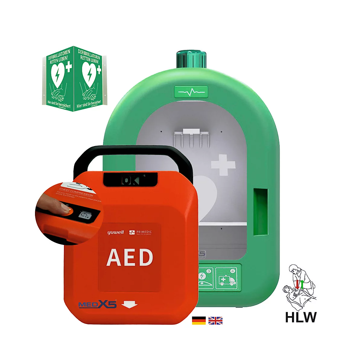 Roter AED-Defibrillator vor grünem Schutzkasten. Zeichen für Erste Hilfe und HLW.