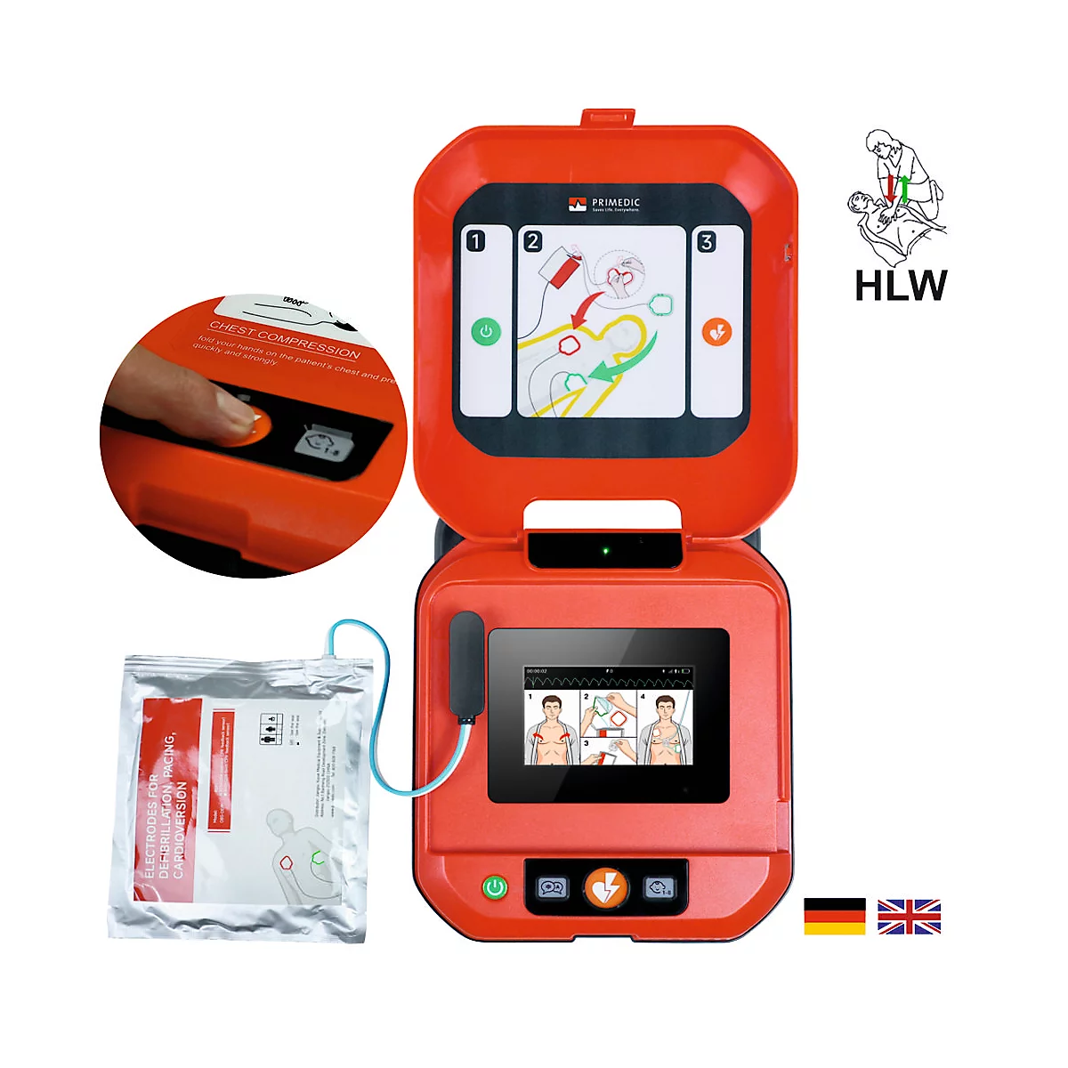 Rotes Defibrillator-Gerät mit geöffnetem Deckel, Anweisungen und Bildschirm. Mit Elektroden-Beutel.