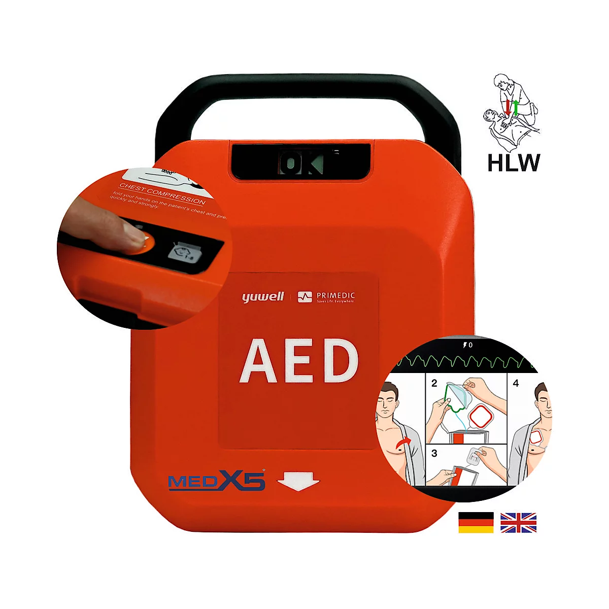 Roter AED-Defibrillator mit schwarzem Griff. Detailansicht zeigt Knopfdruck und Anweisungen. HLW-Symbol.