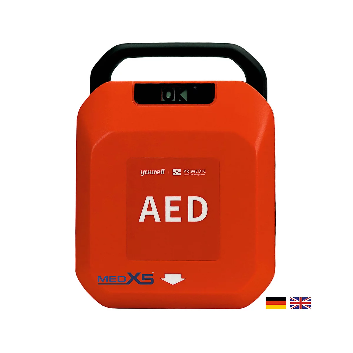 Roter AED-Defibrillator mit Tragegriff. Darauf steht in großem weißen Text „AED“. Unterhalb sind die Logos von „yuwell“ und „PRIMEDIC“ abgebildet.