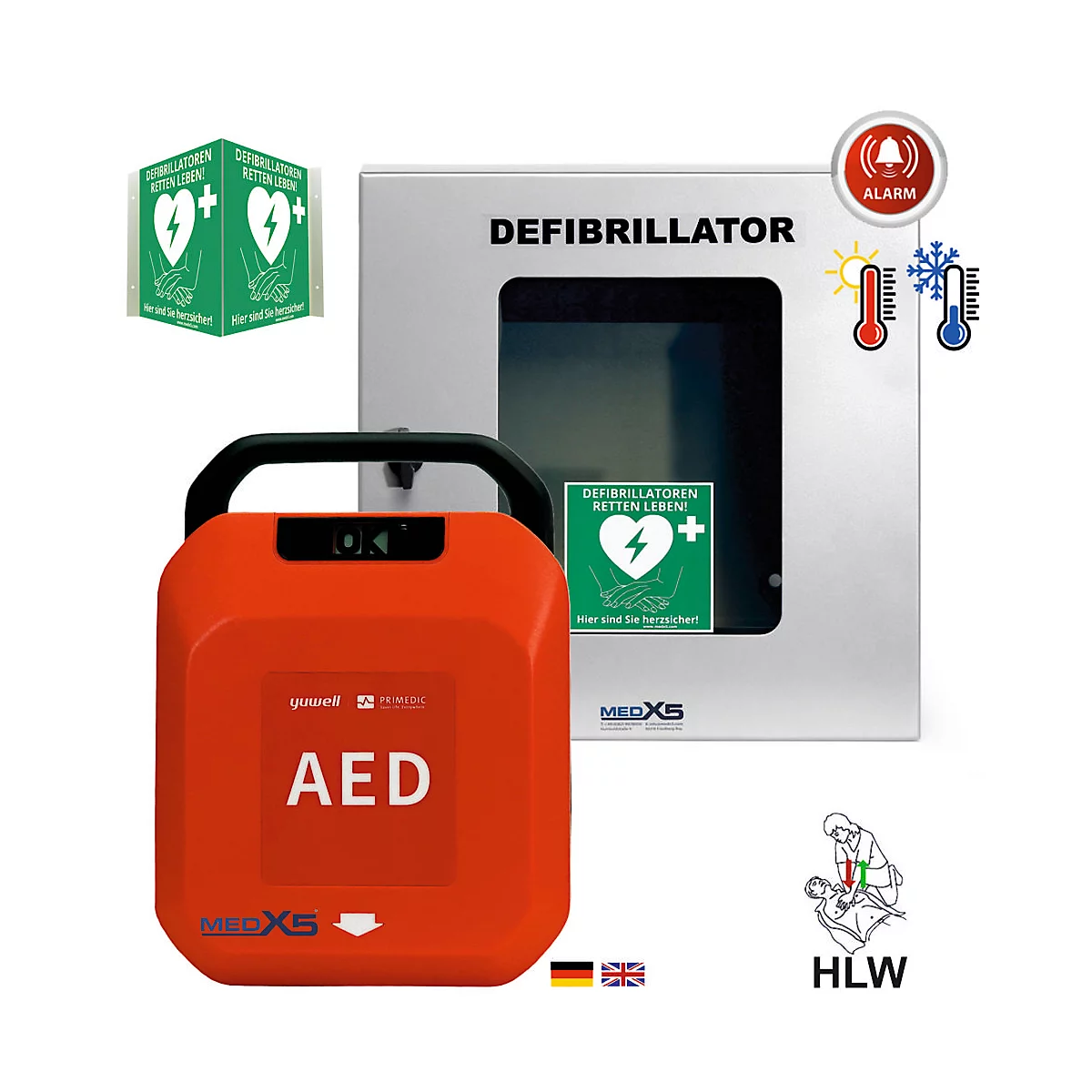 Roter AED-Defibrillator mit dazugehörigem Gehäuse und Piktogrammen. AED steht in großen Buchstaben auf dem Gerät.