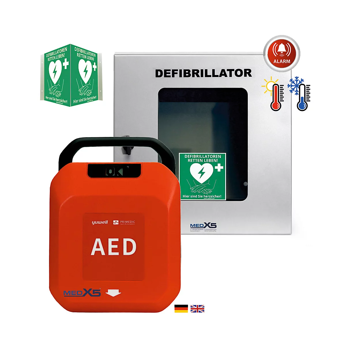 Ein roter AED-Defibrillator mit schwarzem Griff und Aufbewahrungskasten. Auf dem Gerät steht 'AED'. Daneben ein grünes Schild mit Herz und Blitz.