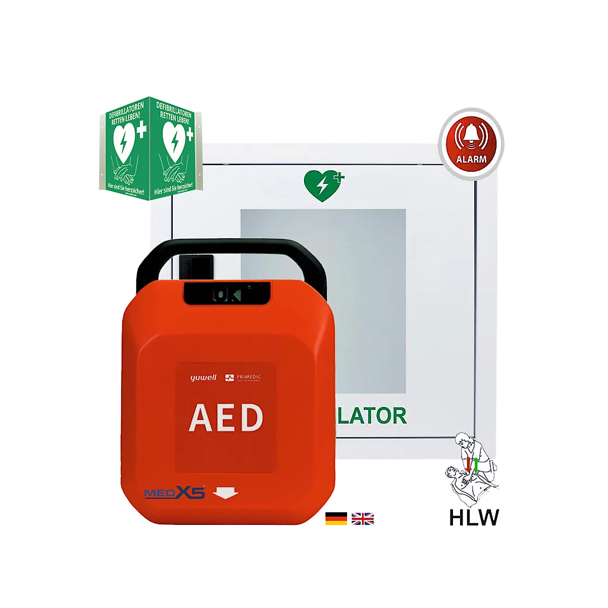 Roter Defibrillator mit Griff. Aufschrift: AED. Daneben Hinweisschilder und Piktogramme.