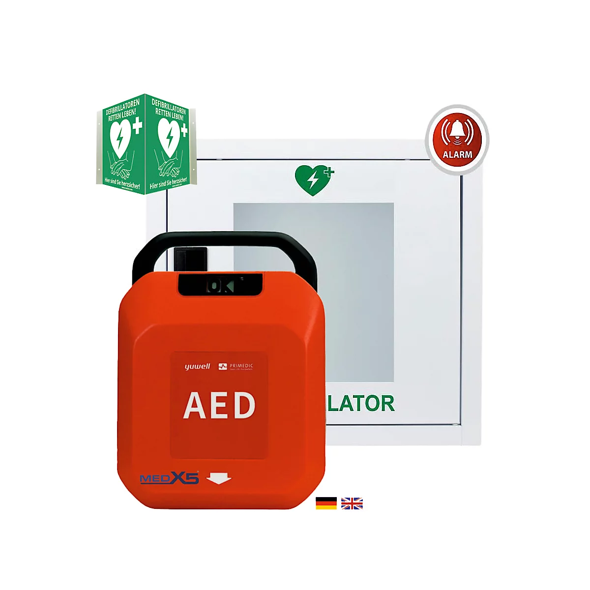 Roter AED-Defibrillator mit Tragegriff und rotem Alarm-Symbol auf weißem Hintergrund. Anleitung mit Herzsymbol.