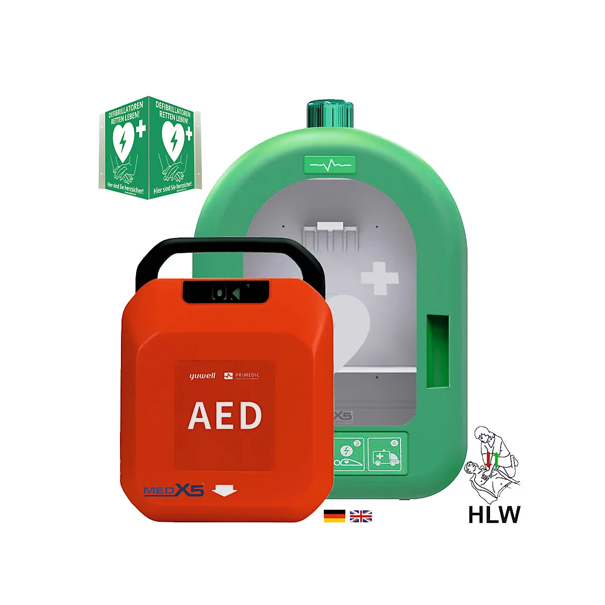 Roter AED-Defibrillator neben grüner Wandhalterung. Oben links ein Hinweis auf Defibrillation. Unten rechts HLW-Piktogramm.