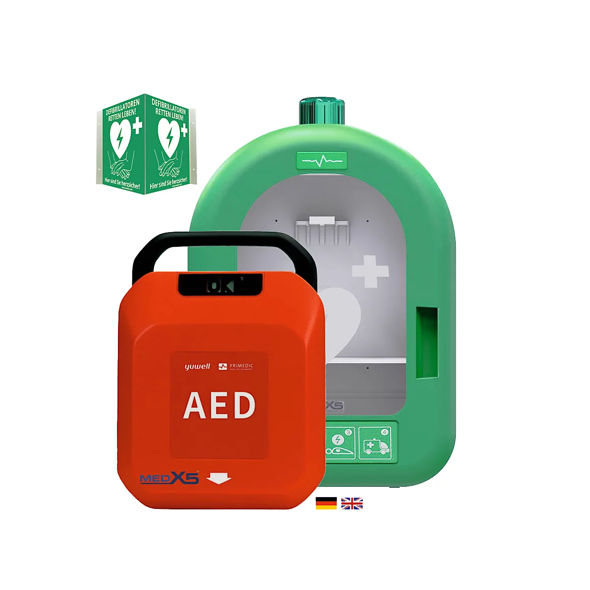 Roter AED-Defibrillator mit Tragegriff neben einem grünen Gehäuse. Auf dem AED steht in Weiß „AED“. Oben rechts ein Schild mit Anweisungen.