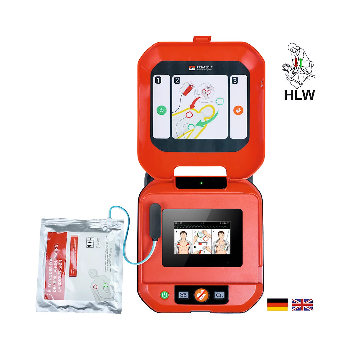 Rotes Defibrillatorgerät mit Display, Anleitung, Elektroden-Packung und Flaggen.