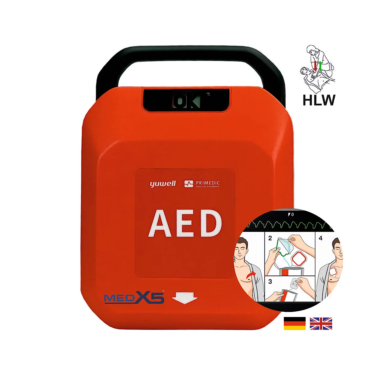 Roter AED-Defibrillator mit Tragegriff, Anleitung, HLW-Symbol und Piktogramm. Text: AED, MEDX5, yuwell, PRIMEDIC.