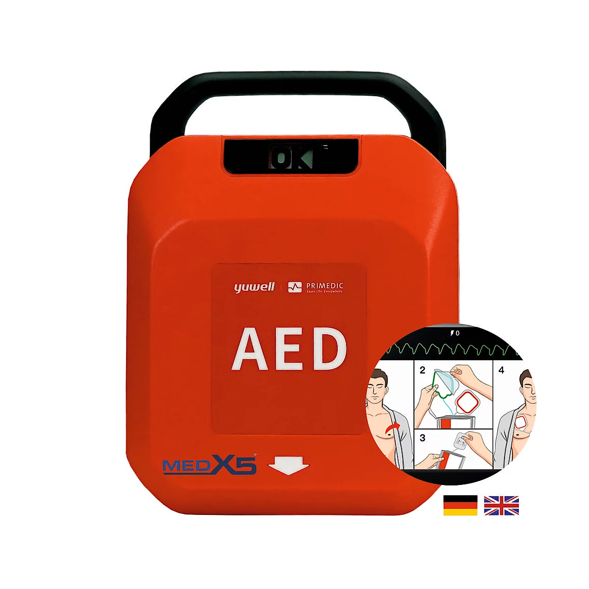 Rotes AED-Gerät mit Tragegriff, Anzeige und Anleitung, darunter der Schriftzug AED.