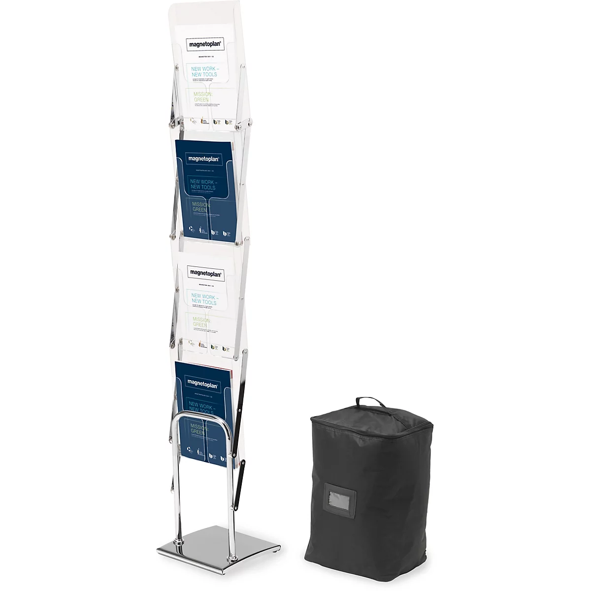 Mur de présentation transparent avec des brochures, le logo 'magnetoplan' et un sac de transport noir.