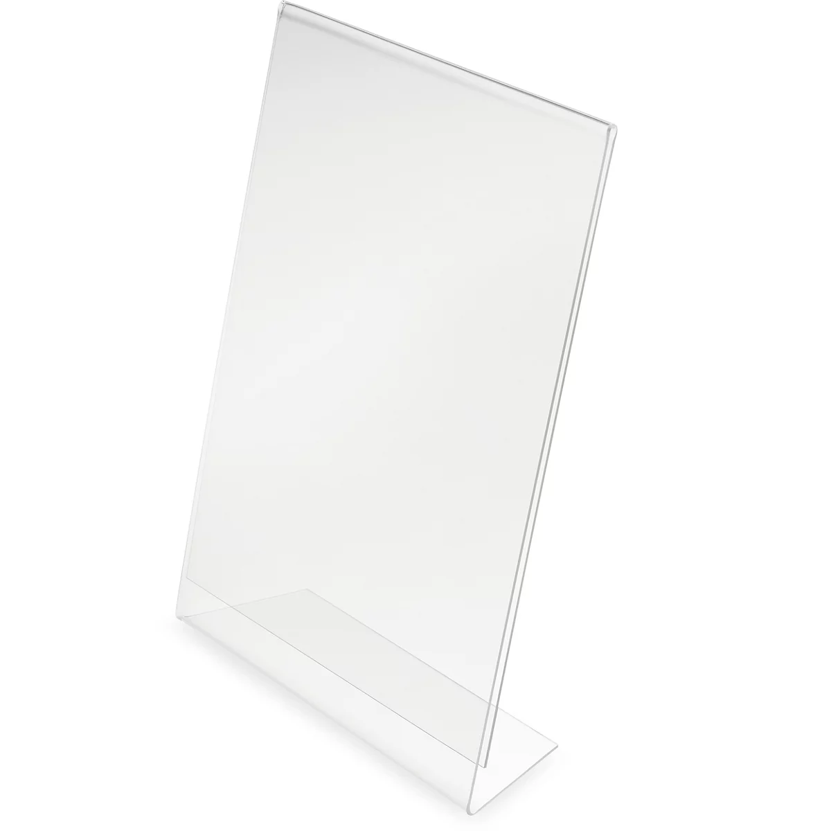 Porte-menu en acrylique transparent, légèrement incliné sur une surface blanche.
