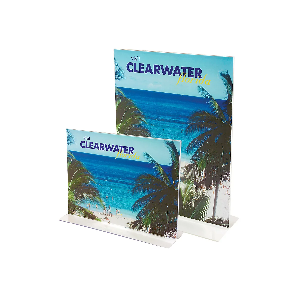 Deux panneaux publicitaires avec "Visit Clearwater Florida", une plage et des palmiers. L'un est plus grand que l'autre.