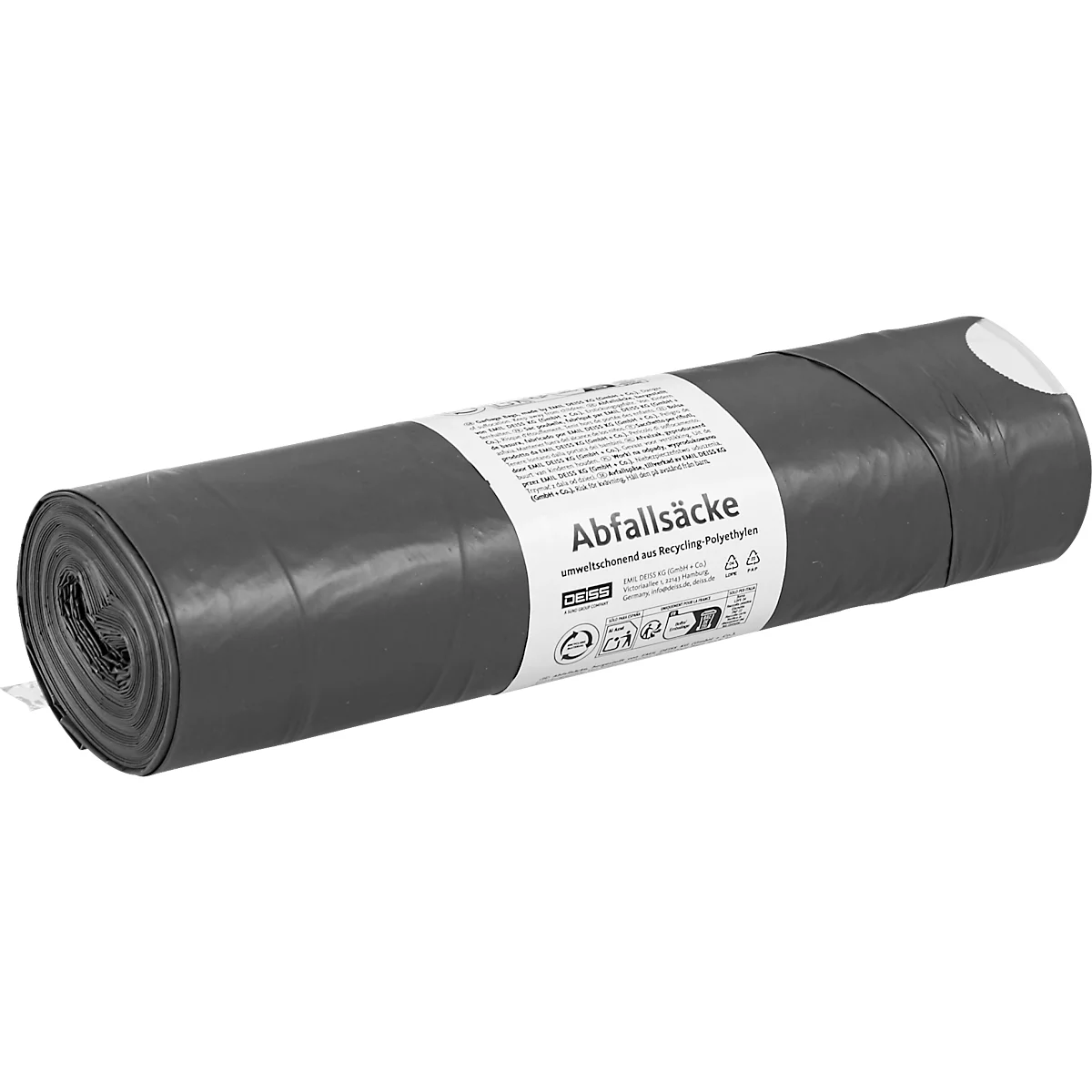 Graue Müllsäcke in einer Rolle mit weißem Etikett, Aufschrift 'Abfallsäcke'.