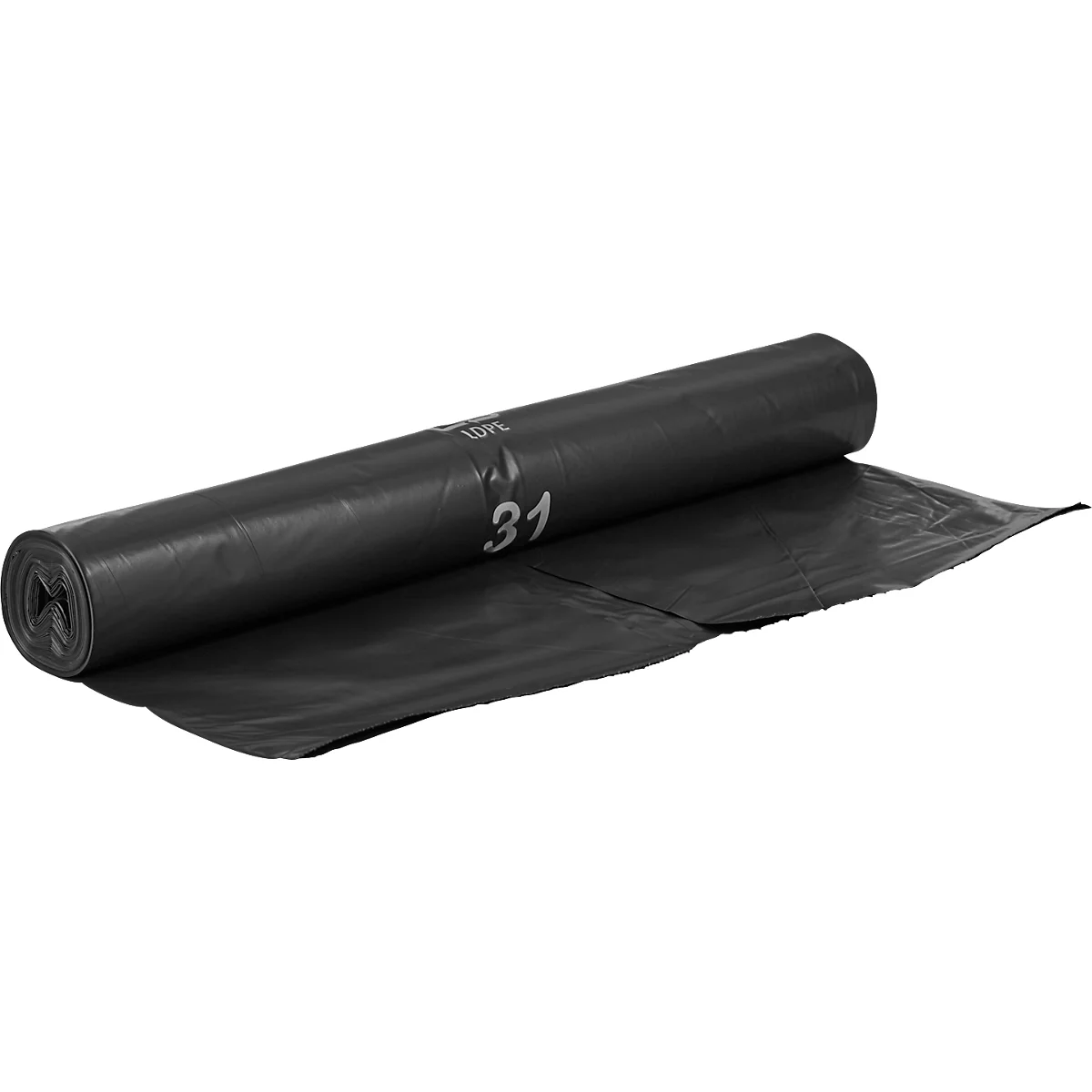 Eine Rolle schwarze Plastikfolie, teilweise ausgerollt. Auf der Folie steht die Zahl 31.