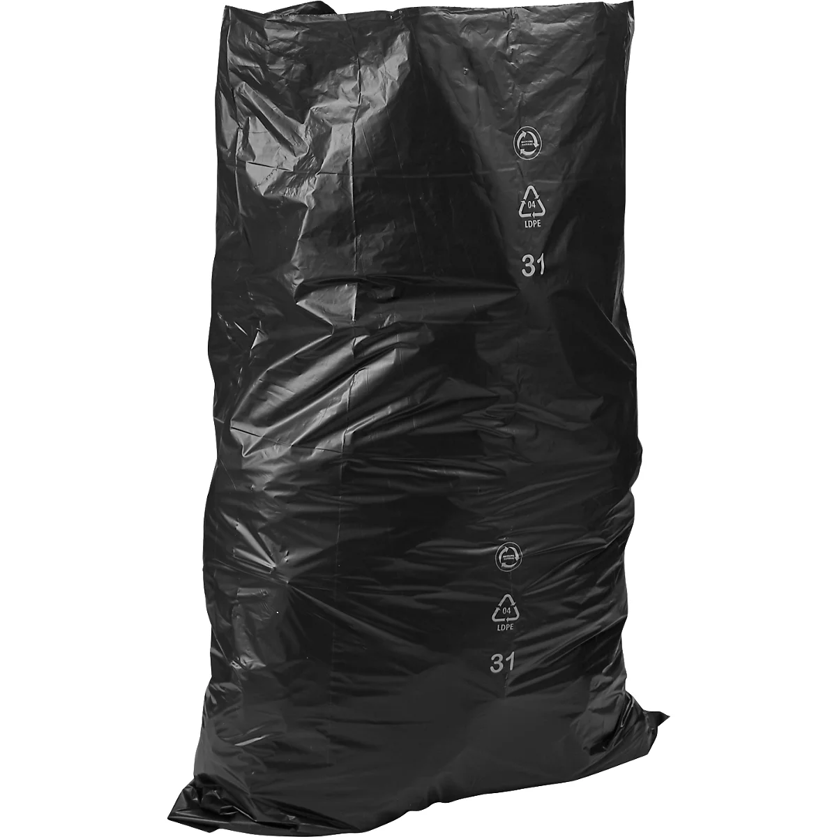 Schwarzer Müllsack, gefüllt. Oben Zeichen, darunter die Zahl 31.