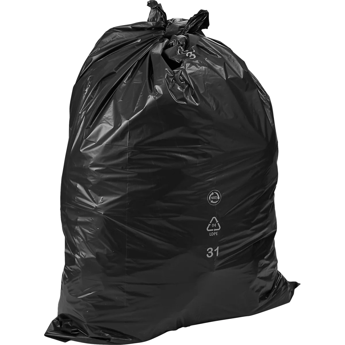 Schwarzer Müllbeutel, oben zusammengeknotet, mit Symbolen und der Zahl 31 bedruckt.