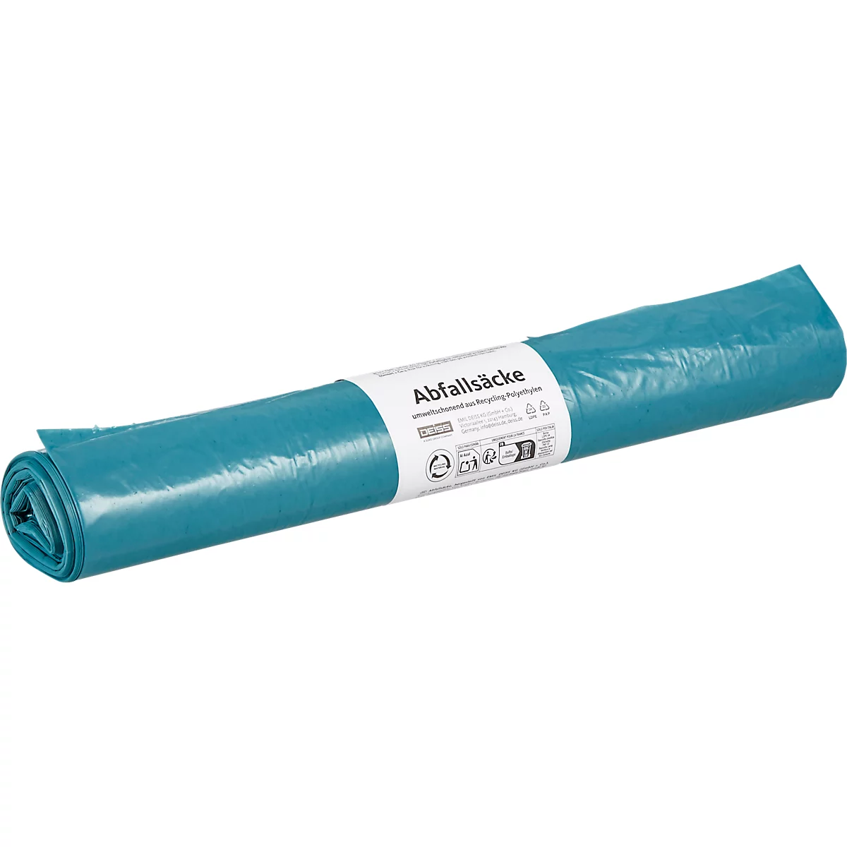 Opgerolde, turquoise vuilniszakken met een wit etiket "Abfallsäcke".