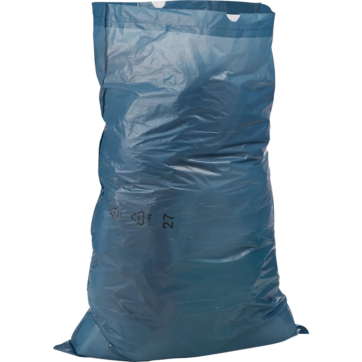 Blauwe vuilniszak. Gedrukt: recycling symbool en het nummer 27.