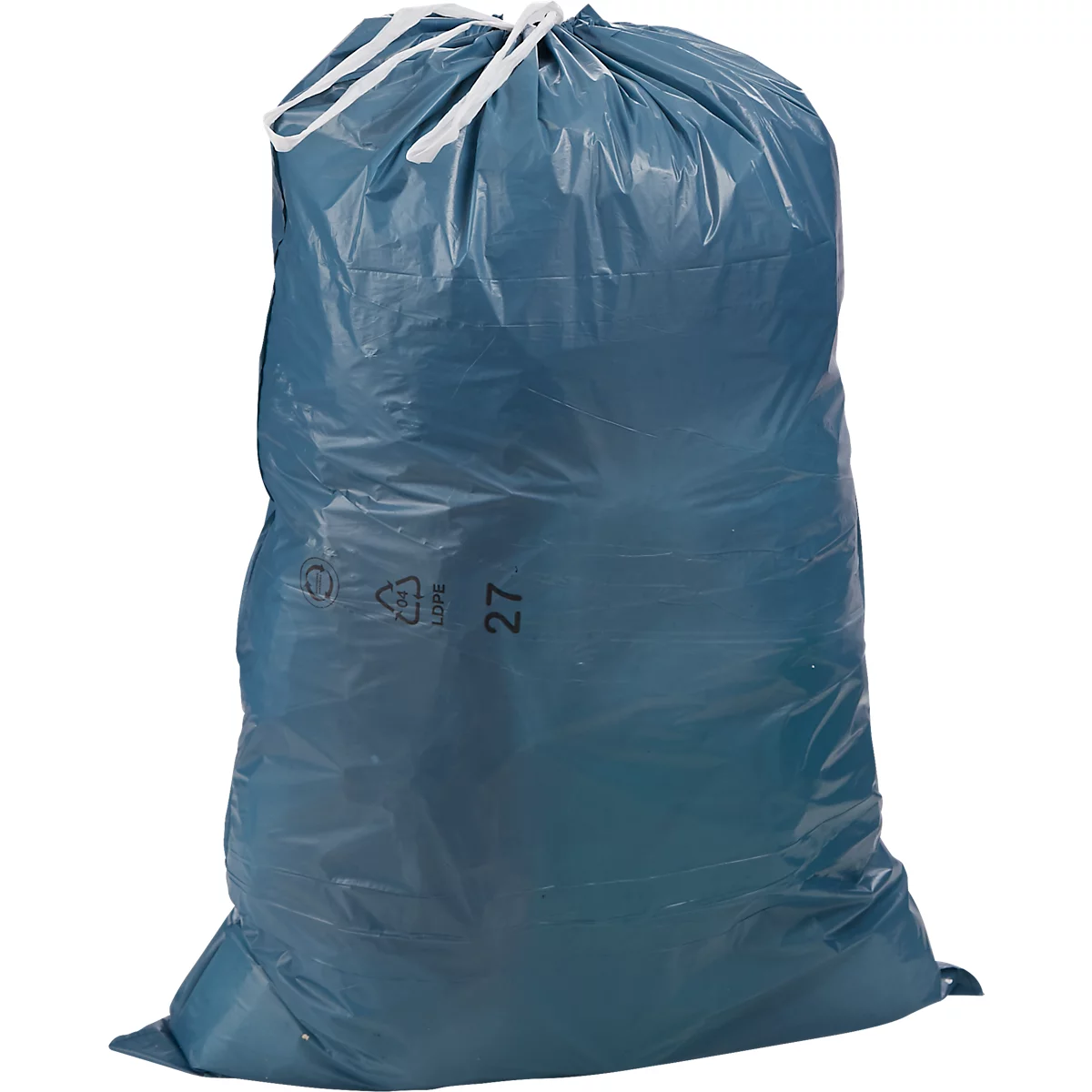 Blauwe vuilniszak, met wit koord. Een nummer 27 en een recyclingsymbool staan erop gedrukt.