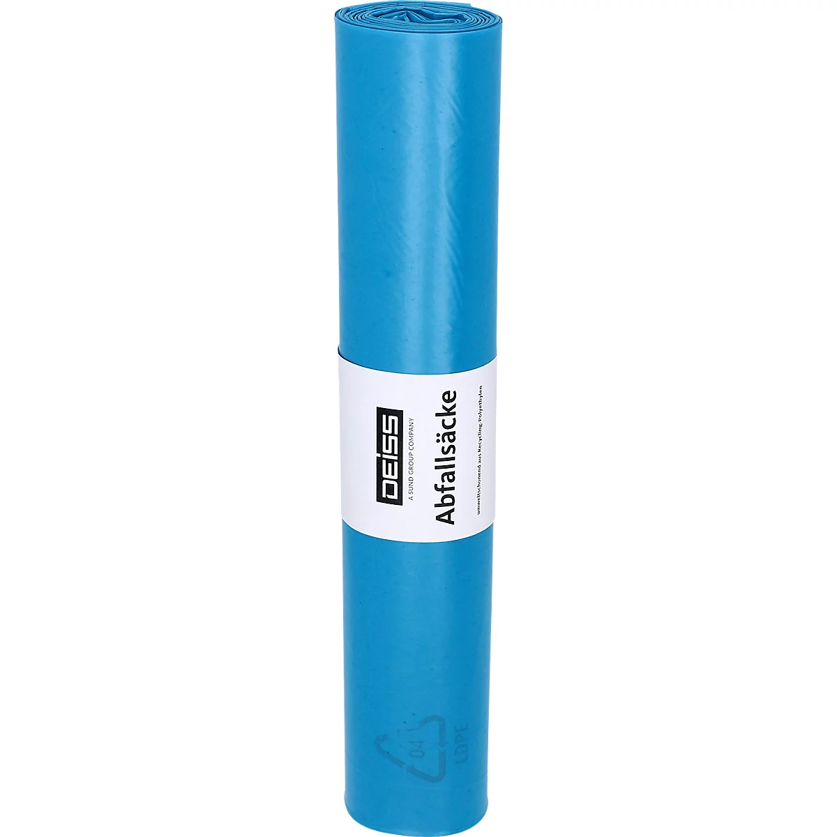 Deiss afvalzakken, 120 liter, gerecycled LDPE, scheurvast en veelzijdig, B 700 x H 1100 mm, blauw, 24 µm, 250 stuks