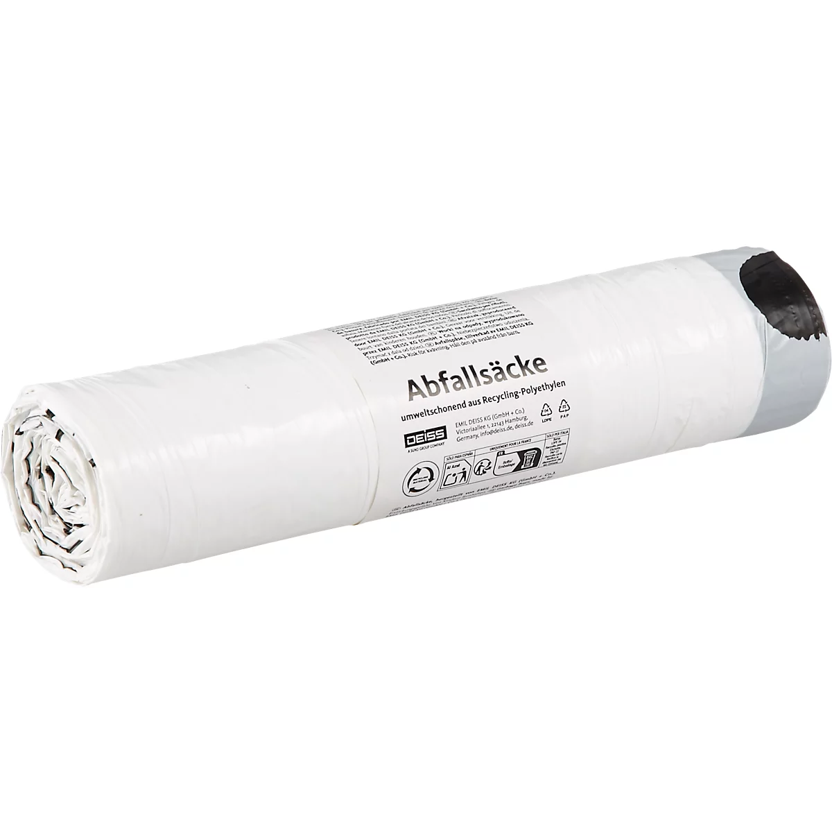 Opgerolde plastic vuilniszakverpakking, met het opschrift 'Abfallsäcke'.