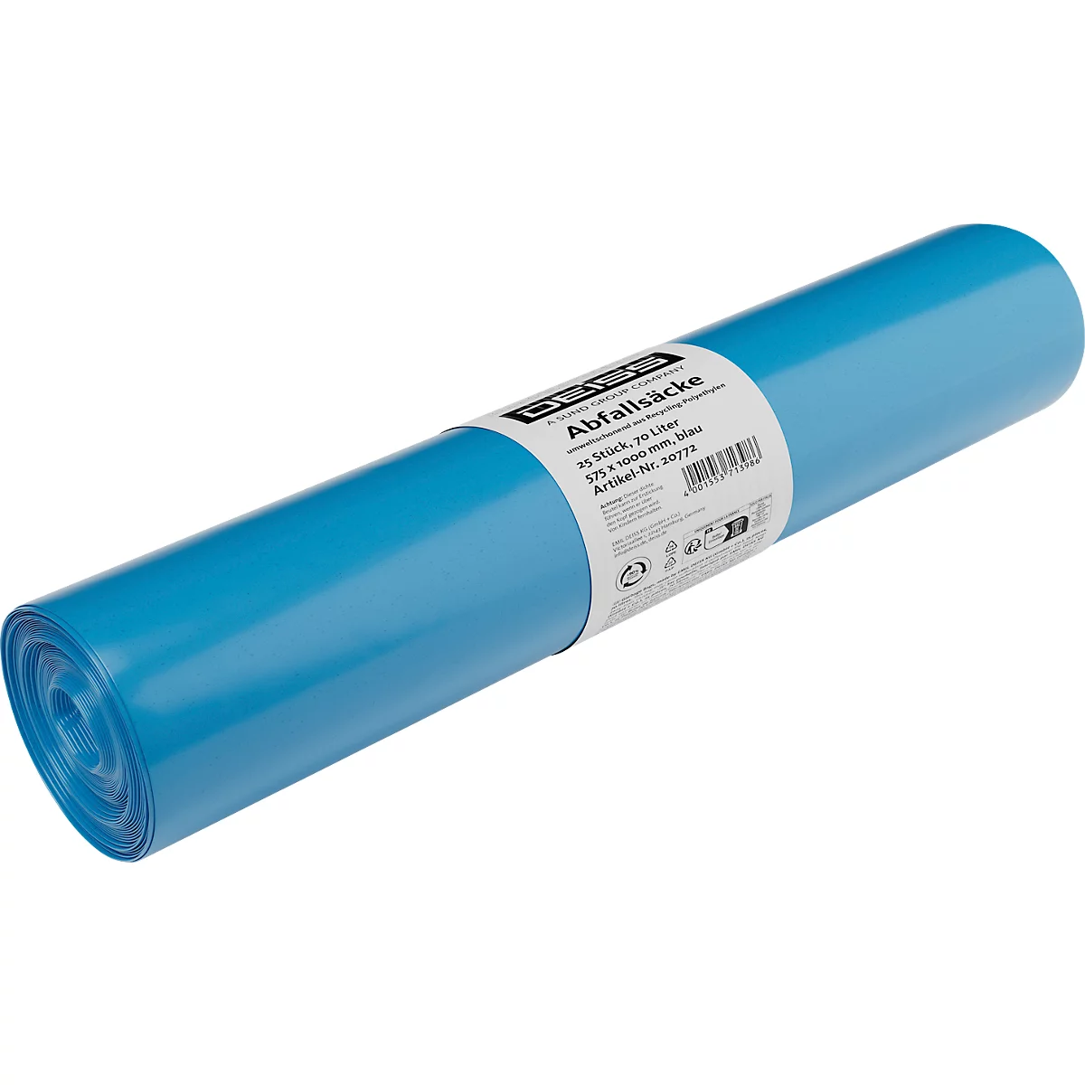 Deiss afvalzakken, 70 liter, gerecycled LDPE, B 575 x H 1000 mm, blauw, 250 stuks