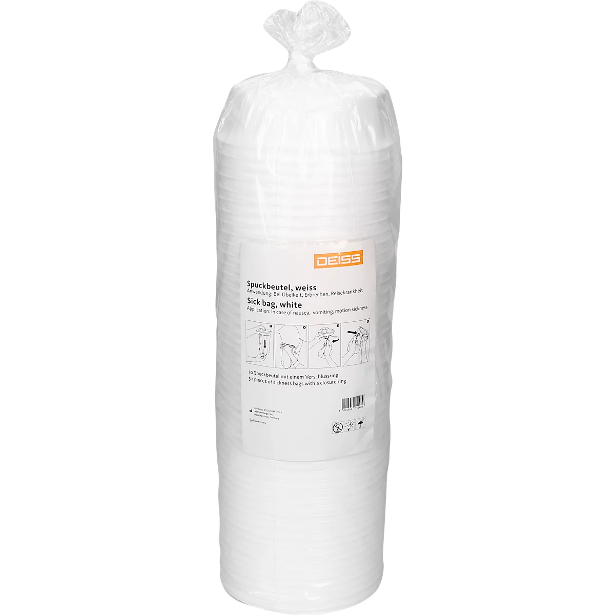 Deiss Auffangbeutel/Spuckbeutel, 2,5 liter, aus LDPE, mit Verschlussring, B 165 x T 415 mm, weiß, 300 Stück