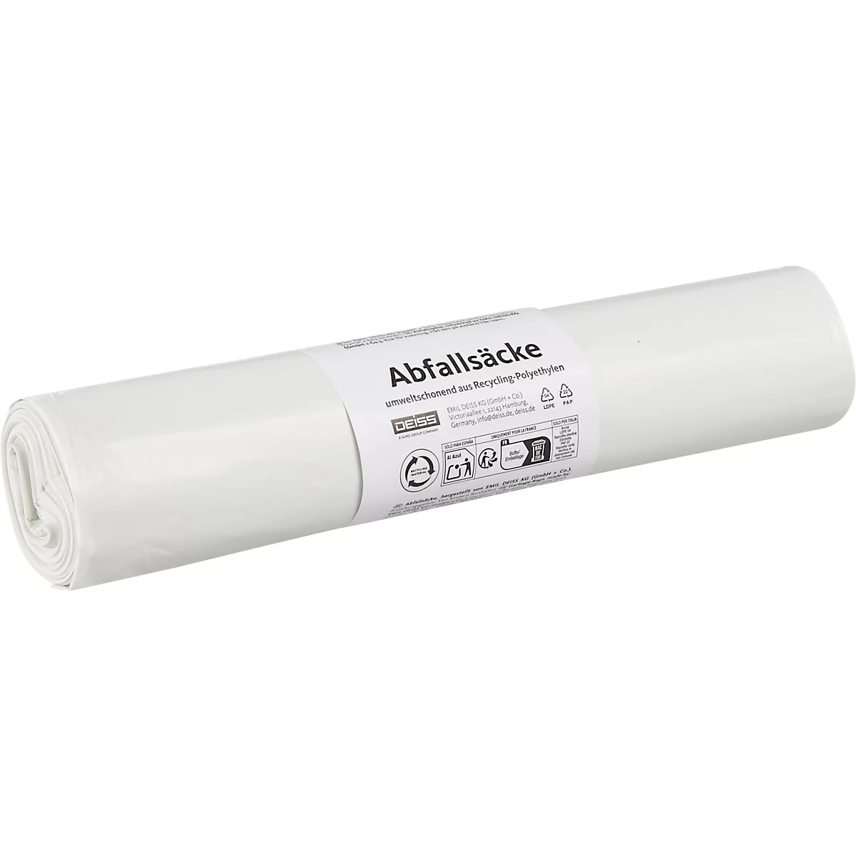 Roll of white garbage bags, labeled "Abfallsäcke".