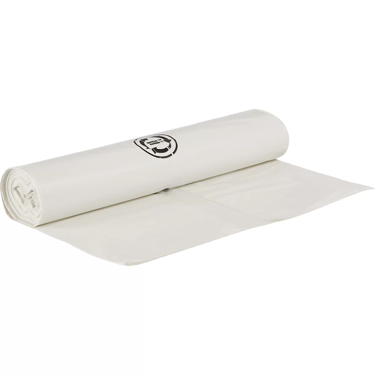A roll of white plastic bags with a black recycling symbol, unfurling.