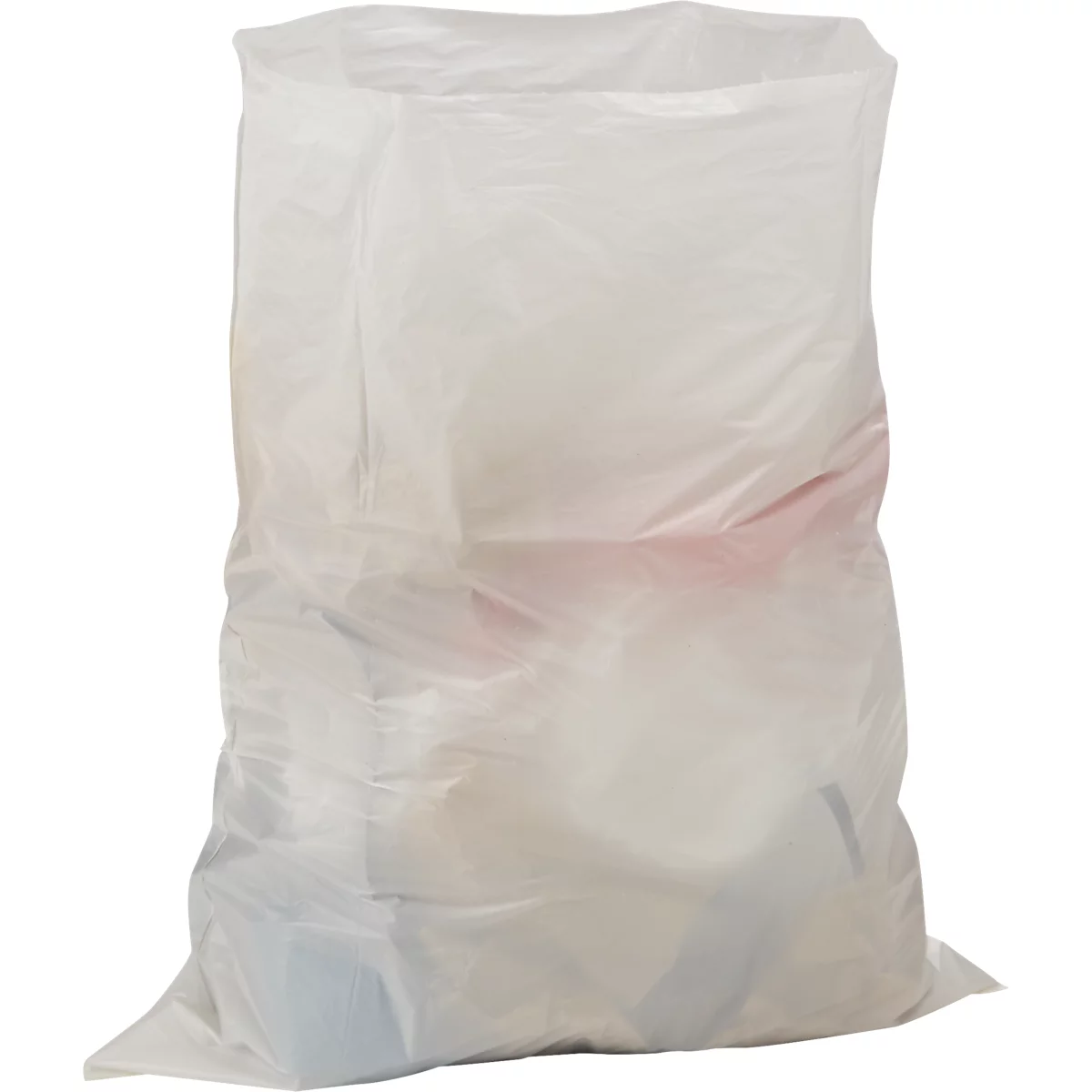 A translucent, white trash bag, partially filled. Other colored objects are visible inside.