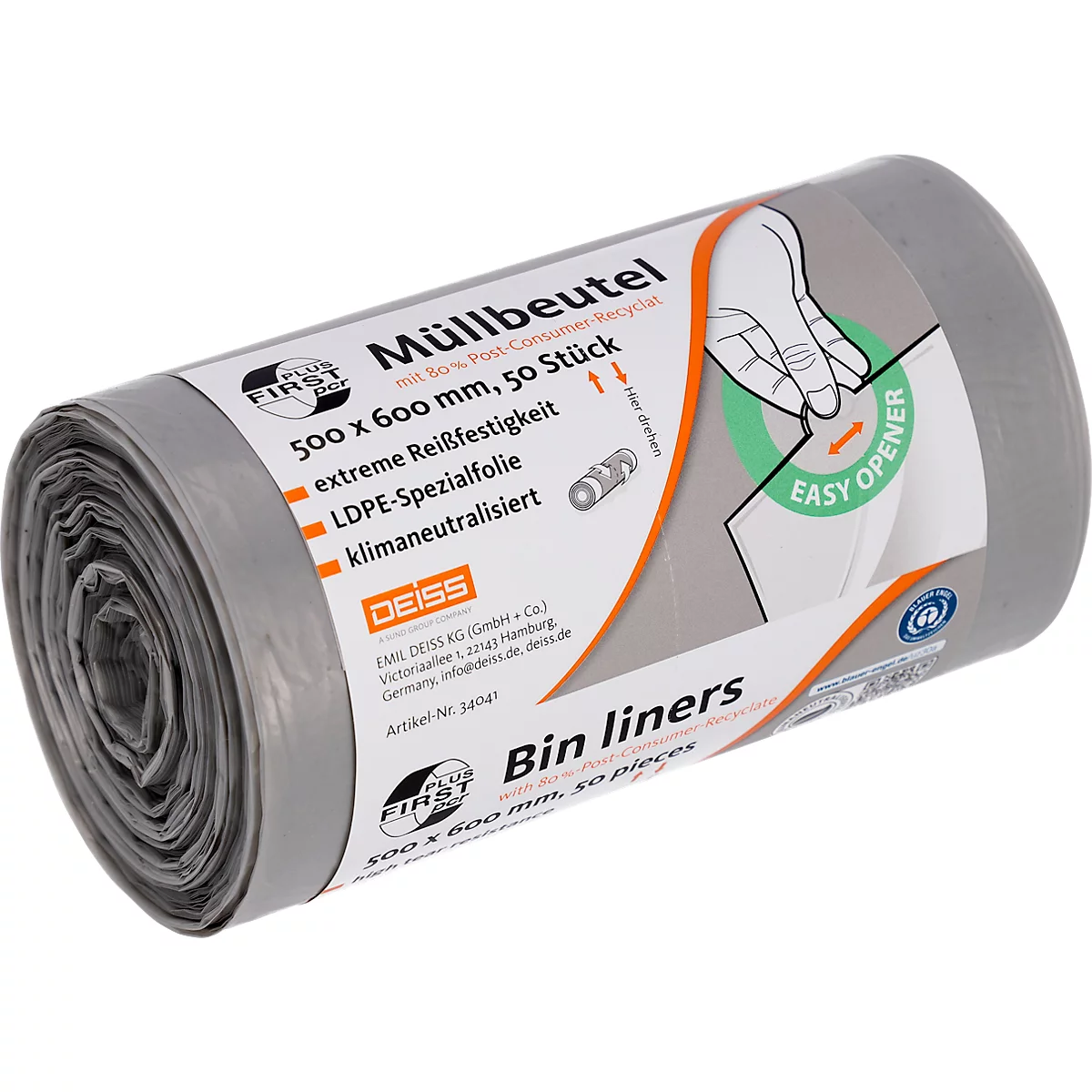 Deiss FIRST PLUS afvalzakken, met handvat, LDPE, 14 µm, grijs, B 500 x H 600 mm, 30 liter, 1800 stuks