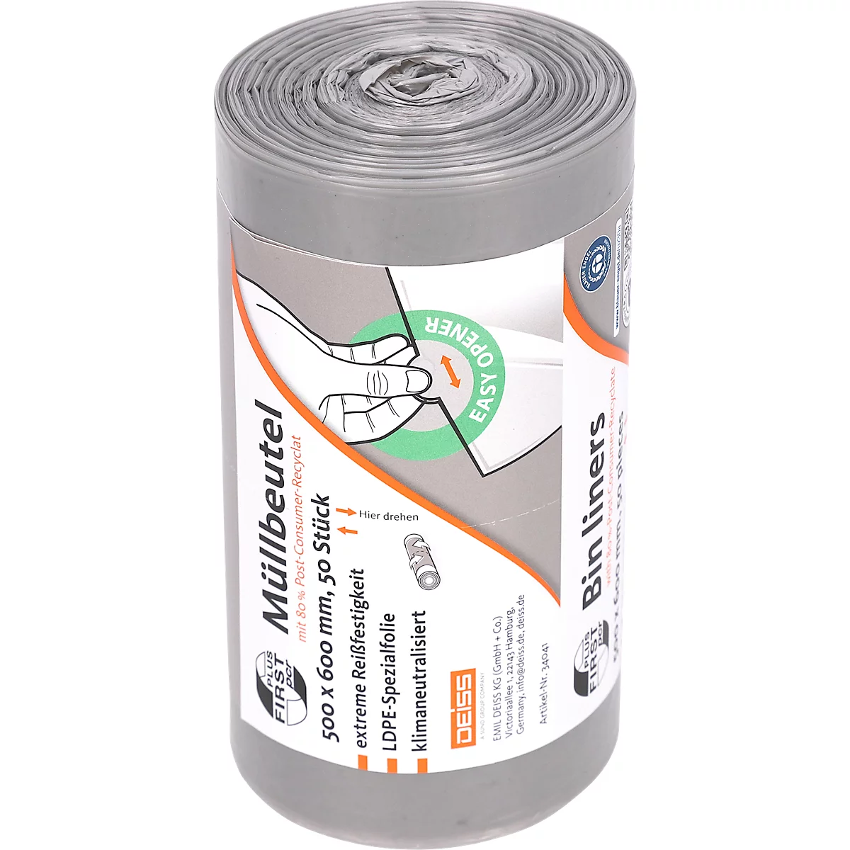 Deiss FIRST PLUS afvalzakken, met handvat, LDPE, 14 µm, grijs, B 500 x H 600 mm, 30 liter, 1800 stuks