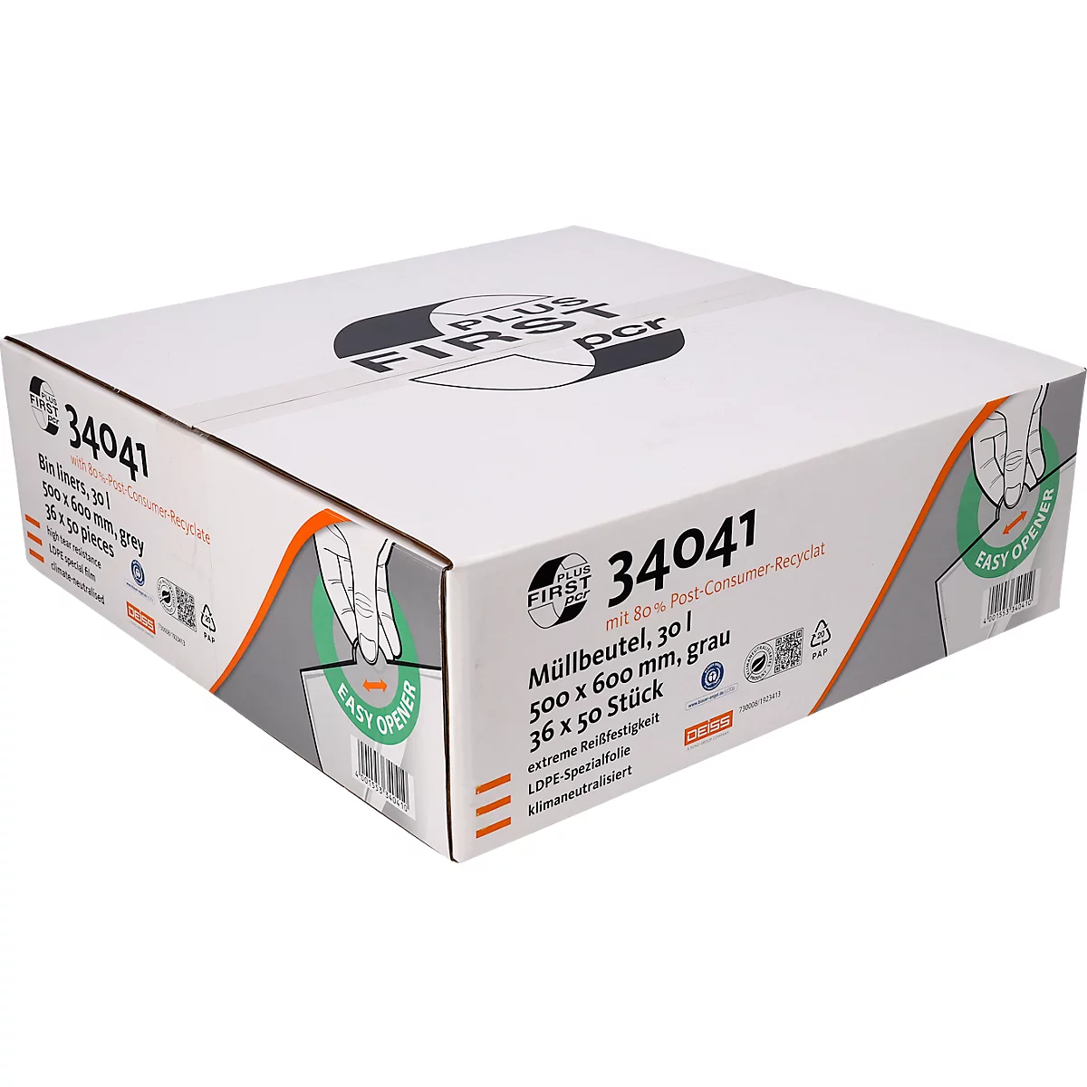 Deiss FIRST PLUS afvalzakken, met handvat, LDPE, 14 µm, grijs, B 500 x H 600 mm, 30 liter, 1800 stuks