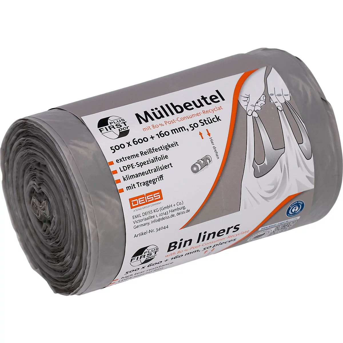 Deiss FIRST PLUS afvalzakken, met handvat, LDPE, 14 µm, grijs, B 500 x H 760 mm, 30 liter, 1000 stuks