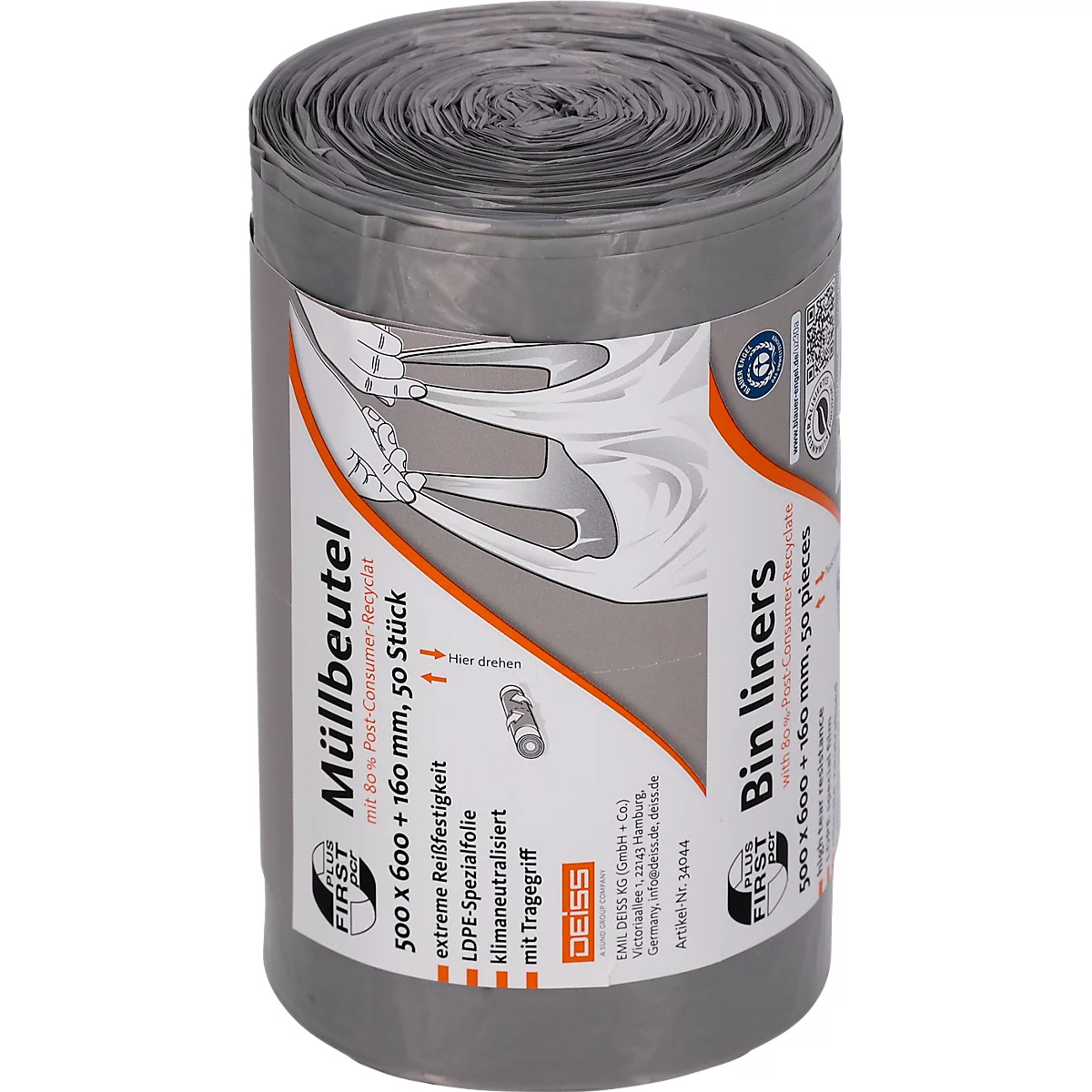 Deiss FIRST PLUS afvalzakken, met handvat, LDPE, 14 µm, grijs, B 500 x H 760 mm, 30 liter, 1000 stuks