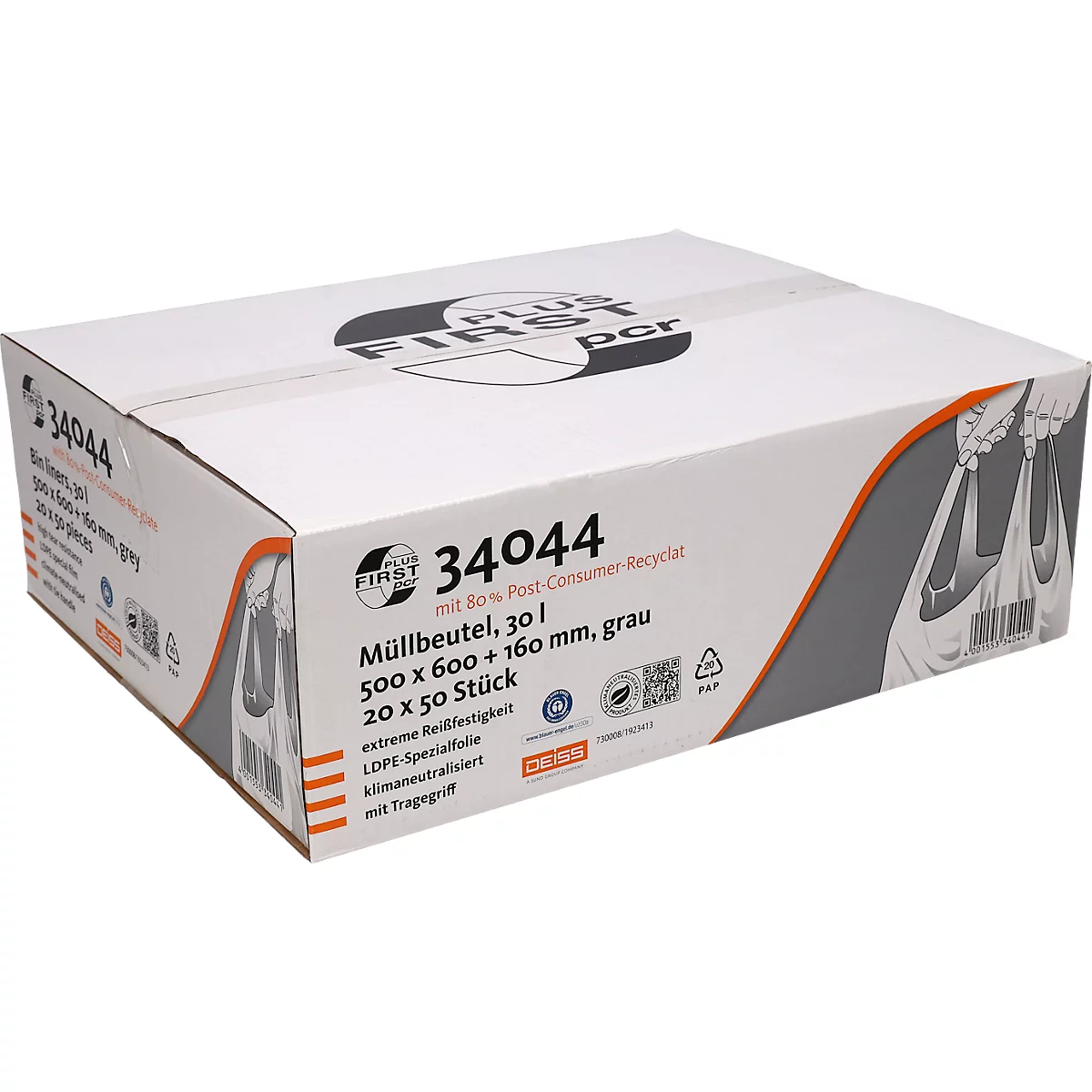 Deiss FIRST PLUS afvalzakken, met handvat, LDPE, 14 µm, grijs, B 500 x H 760 mm, 30 liter, 1000 stuks