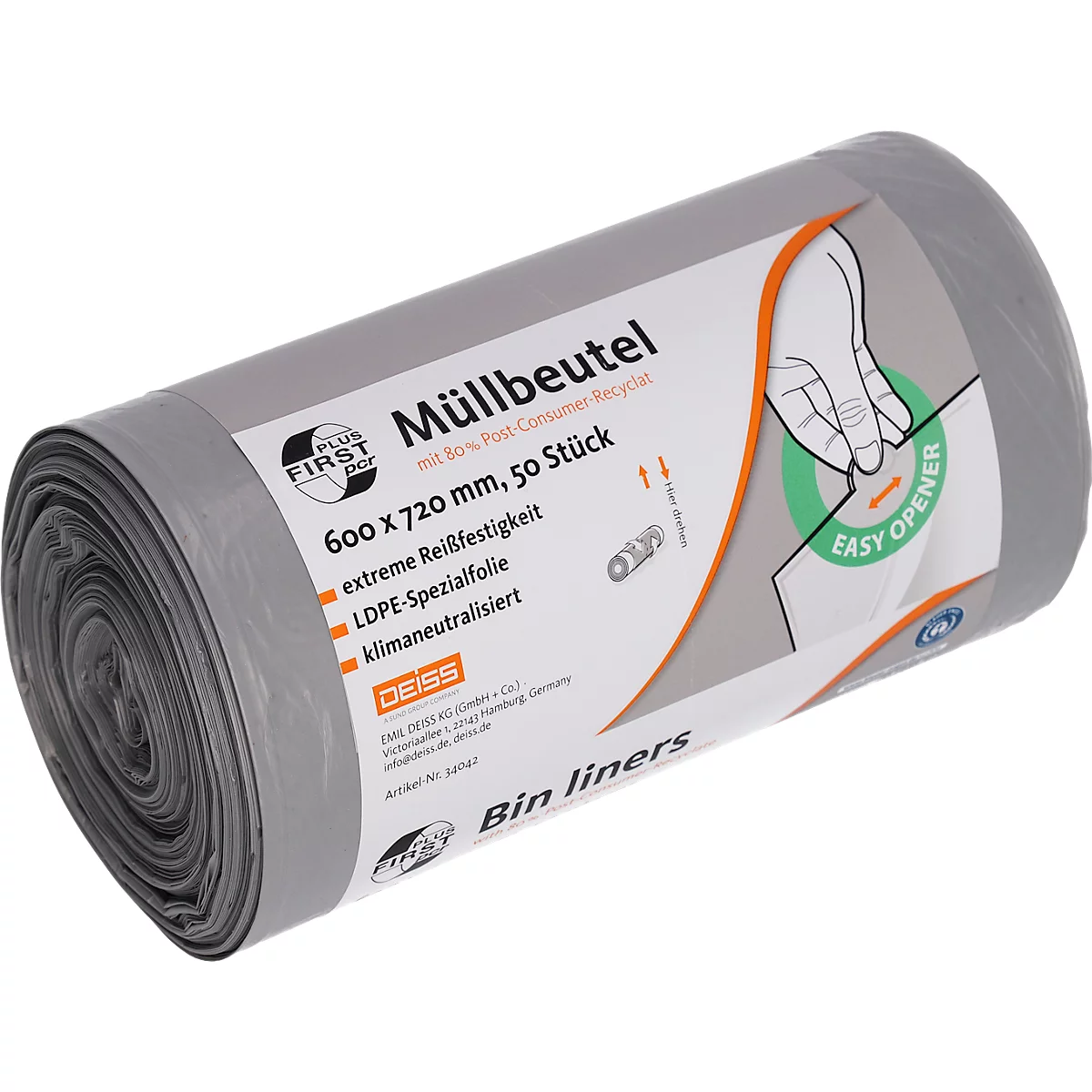 Deiss FIRST PLUS afvalzakken, met handvat, LDPE, 14 µm, grijs, B 600 x H 720 mm, 60 liter, 1000 stuks