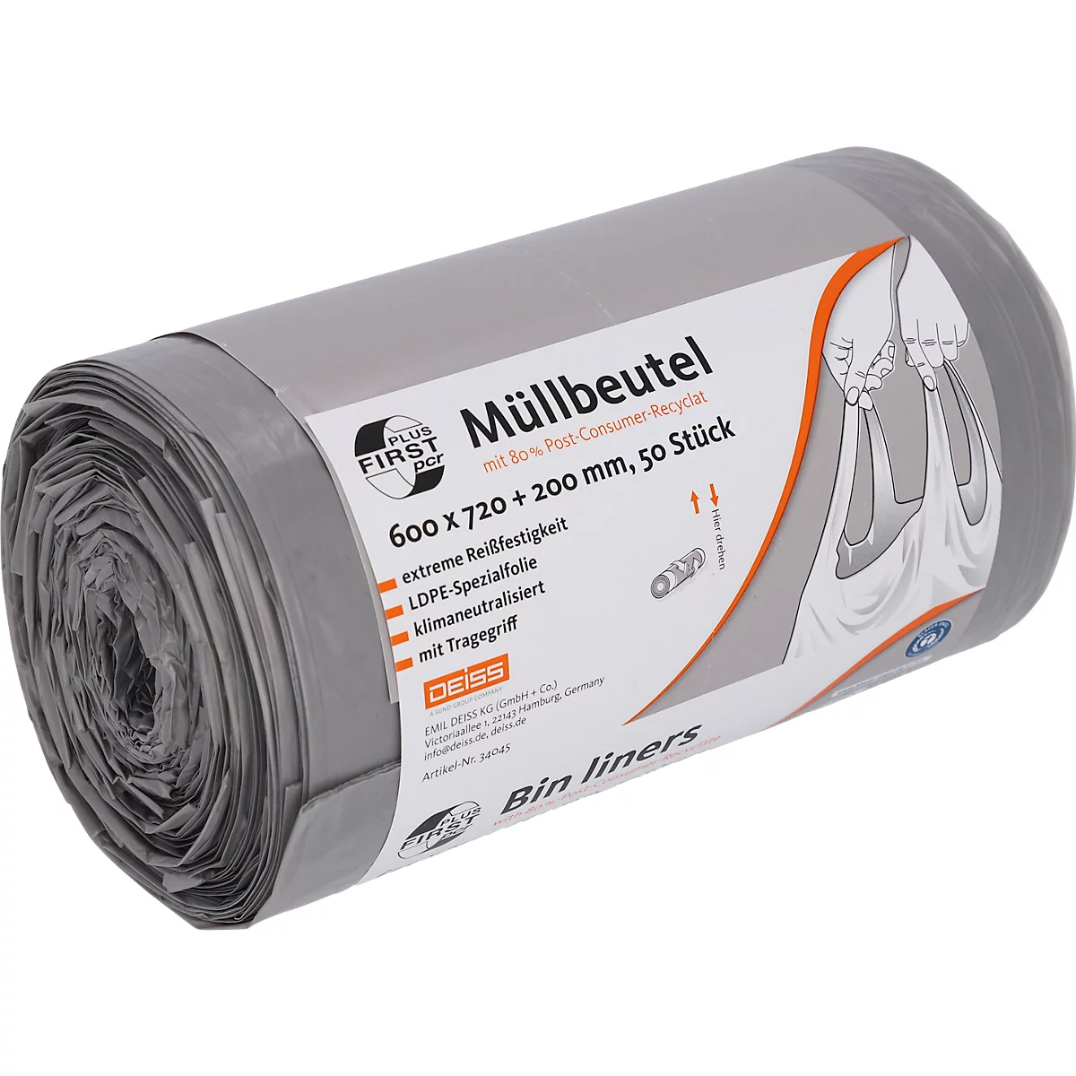 Deiss FIRST PLUS afvalzakken, met handvat, LDPE, 14 µm, grijs, B 600 x H 920 mm, 60 liter, 1000 stuks